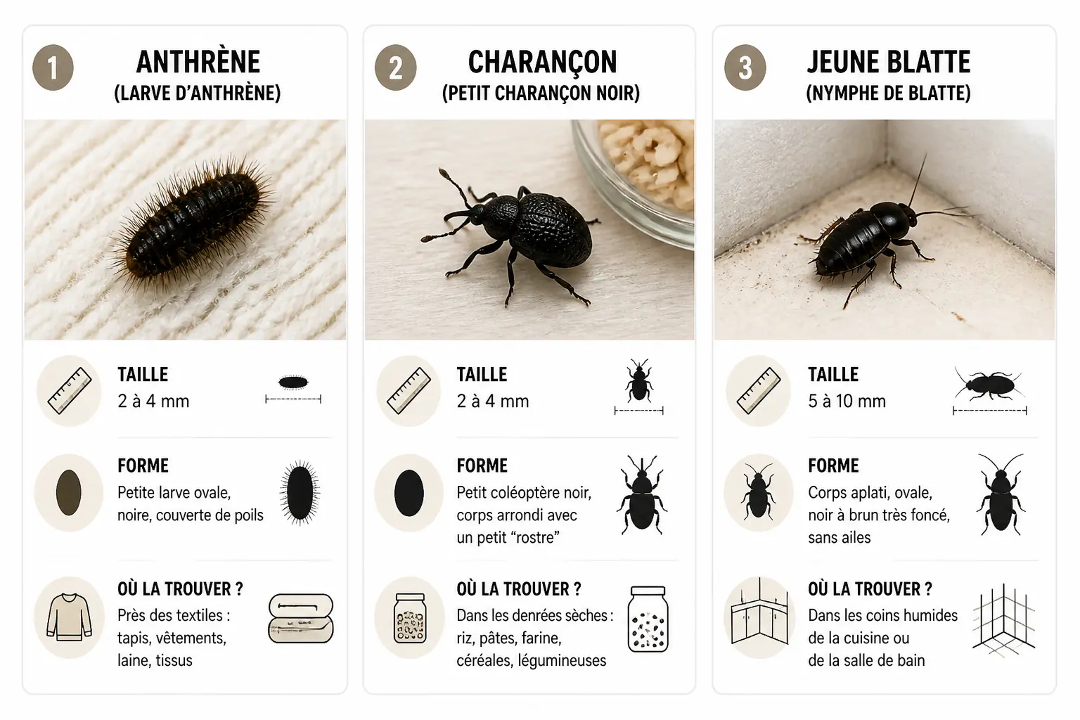Tableau d’identification des petites bêtes noires les plus fréquentes dans la maison