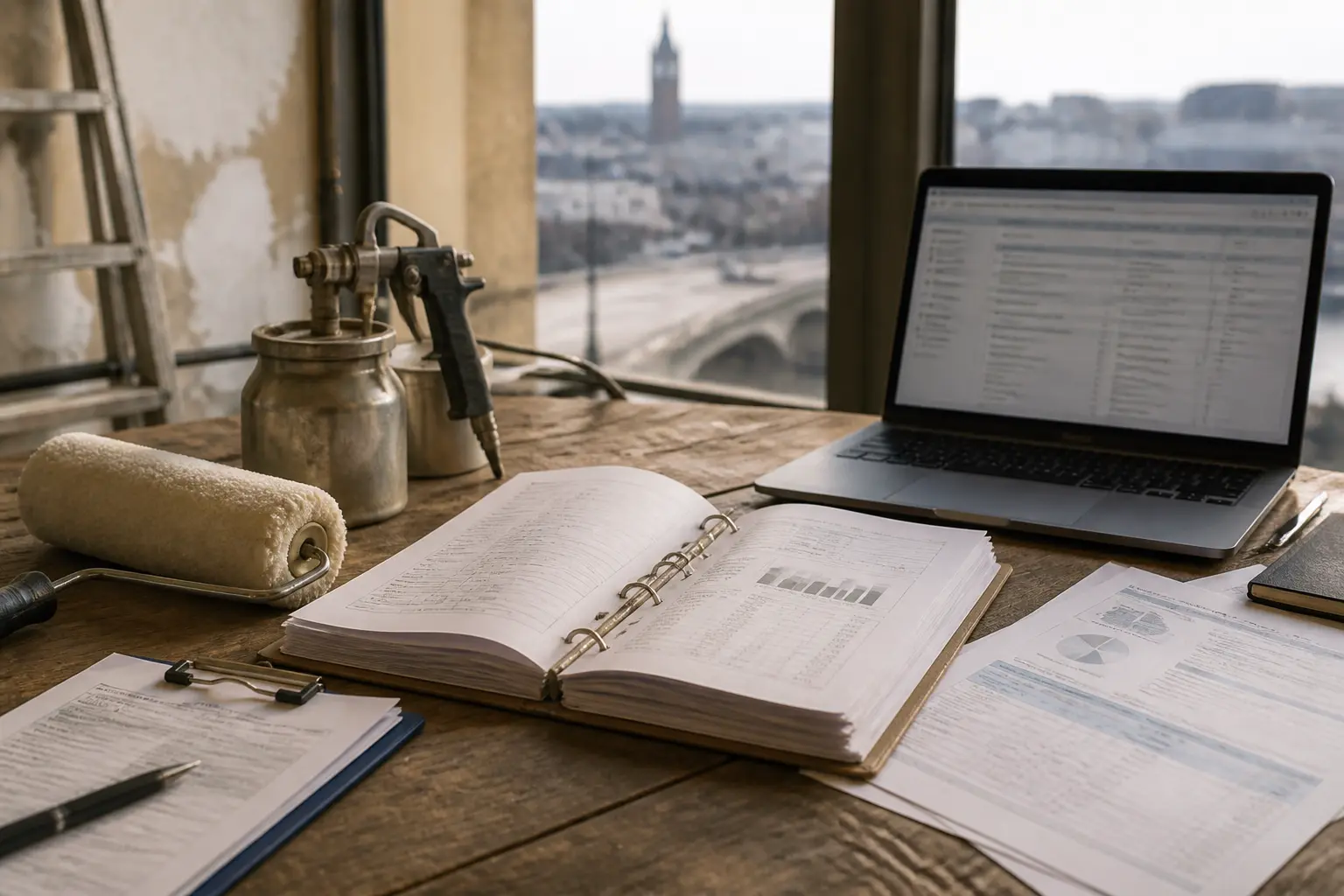 airlessdeco : dossier d’entreprise de peinture, documents juridiques, laptop, rouleau et pistolet airless sur bureau en bois, fond urbain flou