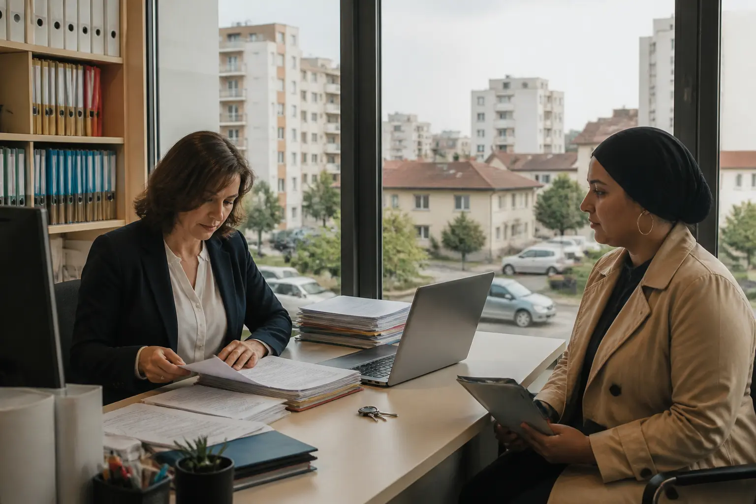batir et loger : conseiller en logement social, dossiers, clés et candidat en attente, immeubles familiaux en fond