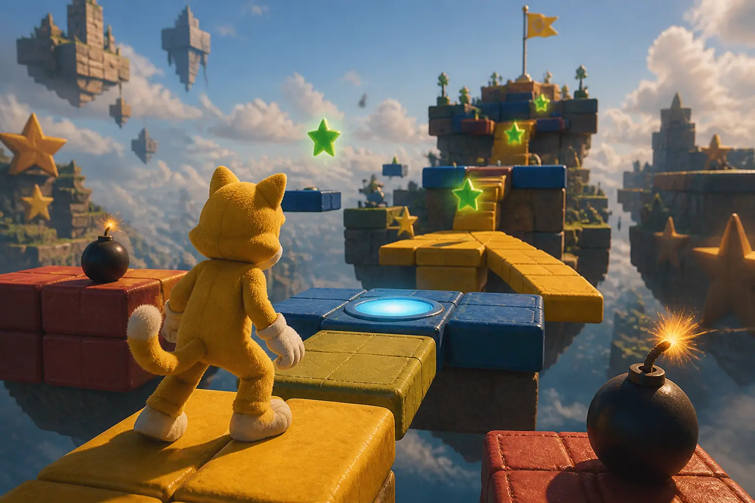 Blocs en stock dans un niveau bonus spatial, chat-plombier sur plateformes flottantes, bombes, gemmes et drapeau au loin