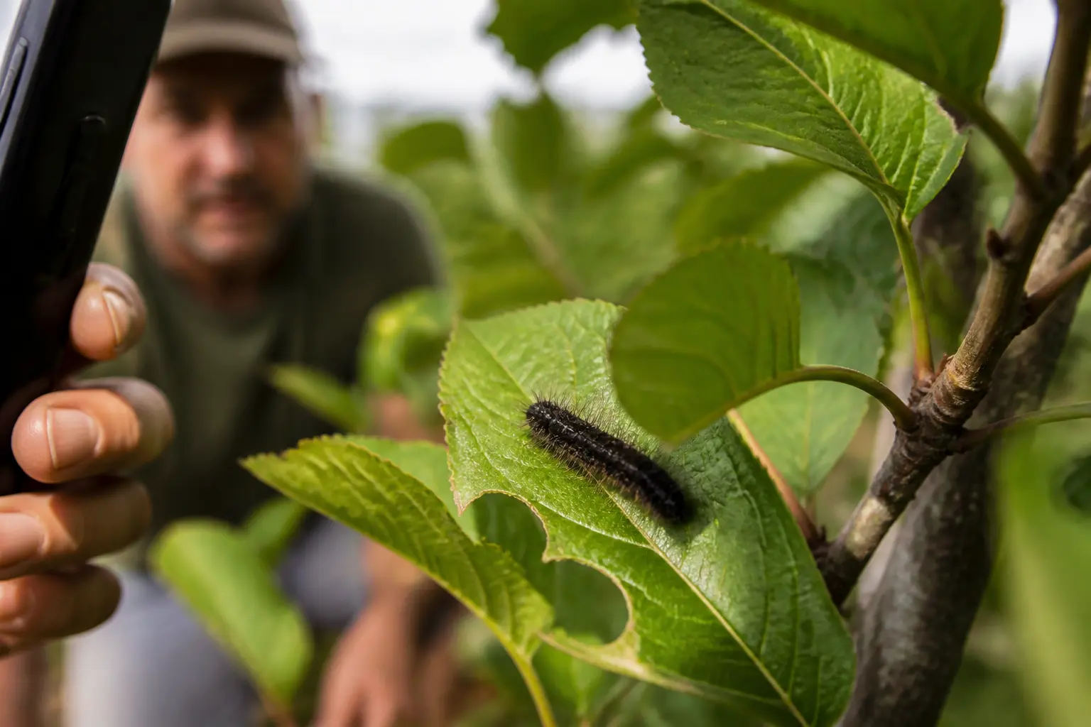 Chenille noire sur une feuille en jardin, observée de près pour l’identifier, ambiance naturelle et prudente