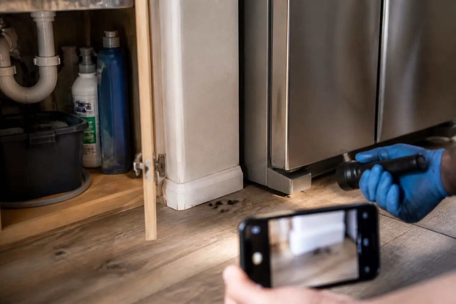 Crotte de rat visible sous l’évier et derrière le frigo, avec inspection au flash dans une cuisine moderne.
