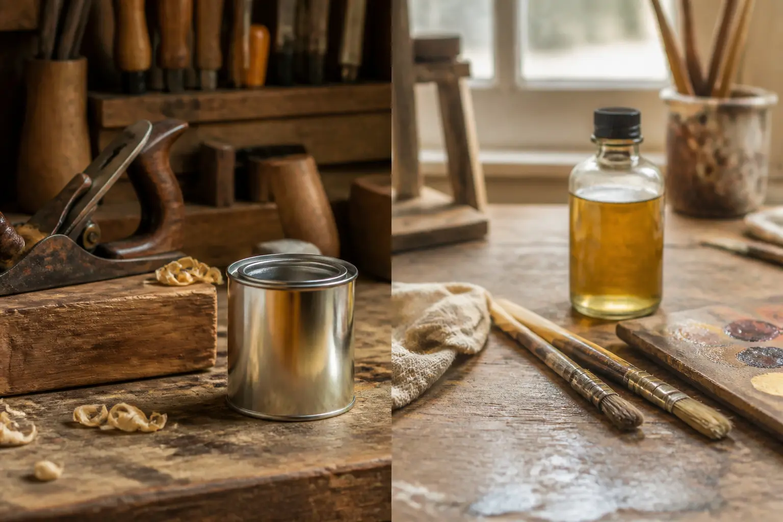 Essence de térébenthine sur établi en bois avec pinceaux, chiffon et huile de lin, ambiance atelier chaleureuse.