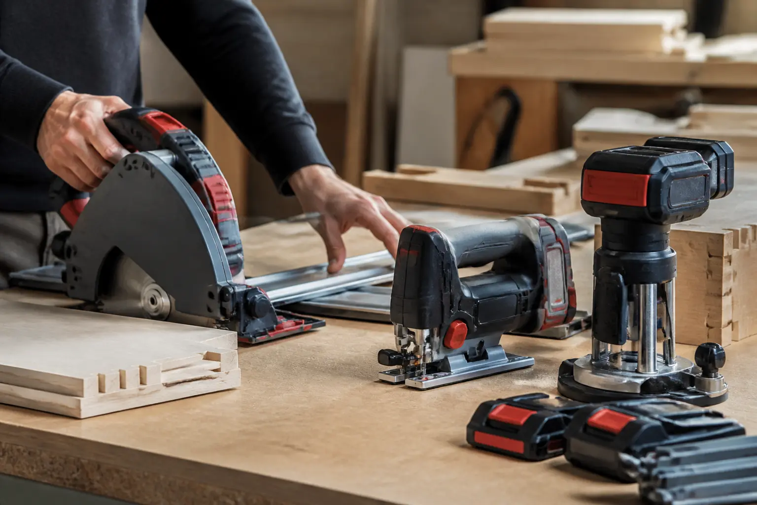 Outils de menuiserie Mafell sur établi d’atelier, scie circulaire sans fil, scie sauteuse, défonceuse et accessoires.
