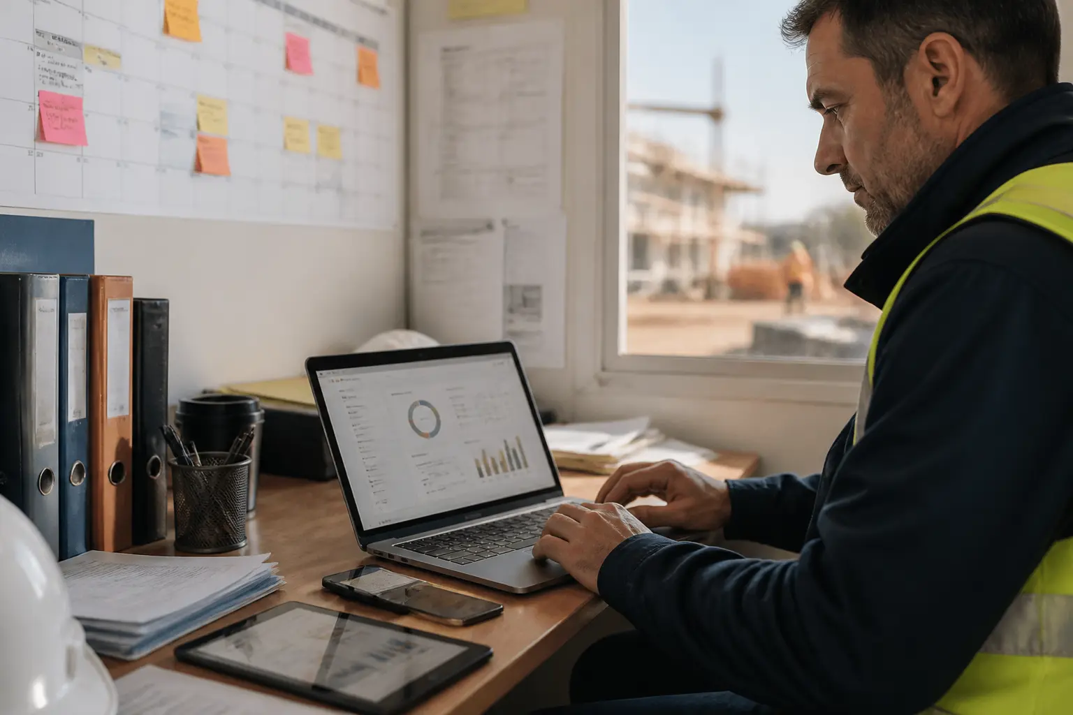 my extrabat : chef de projet en bureau avec laptop, tablette, documents et planning pour gestion chantier et clients