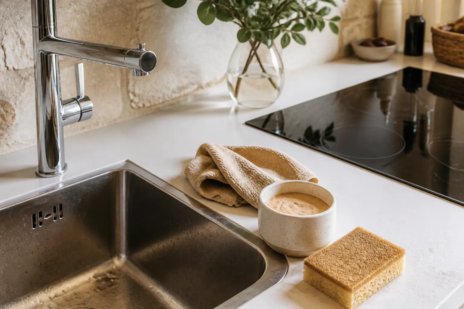 Cuisine française lumineuse avec pierre d'argile, évier inox, robinet chrome, éponge humide et chiffon microfibre.