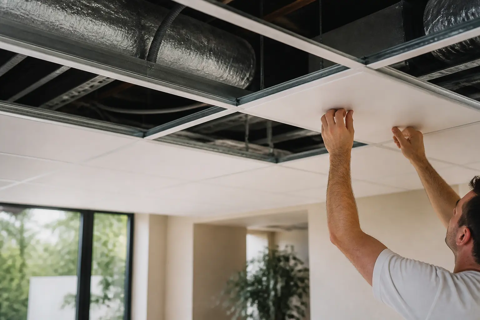 Plafond suspendu en cours d’installation dans un intérieur moderne, avec ossature métallique, dalles et gaines apparentes.