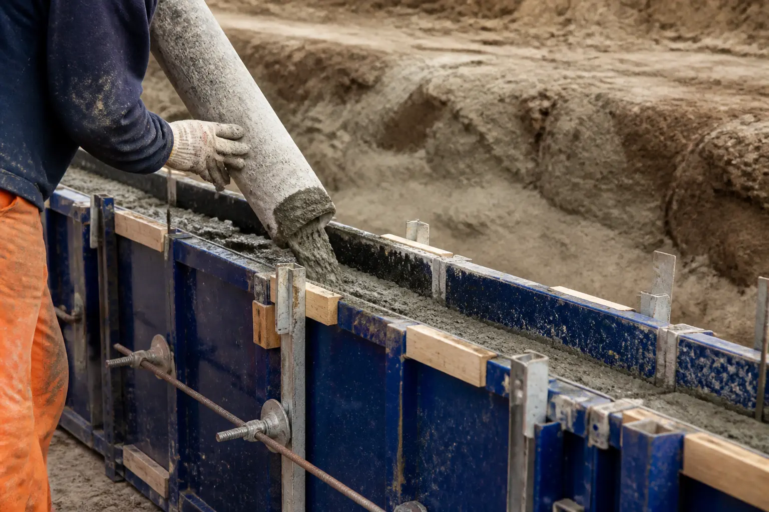 Béton à bancher coulé dans un coffrage sur chantier, mur en béton armé en cours de réalisation.