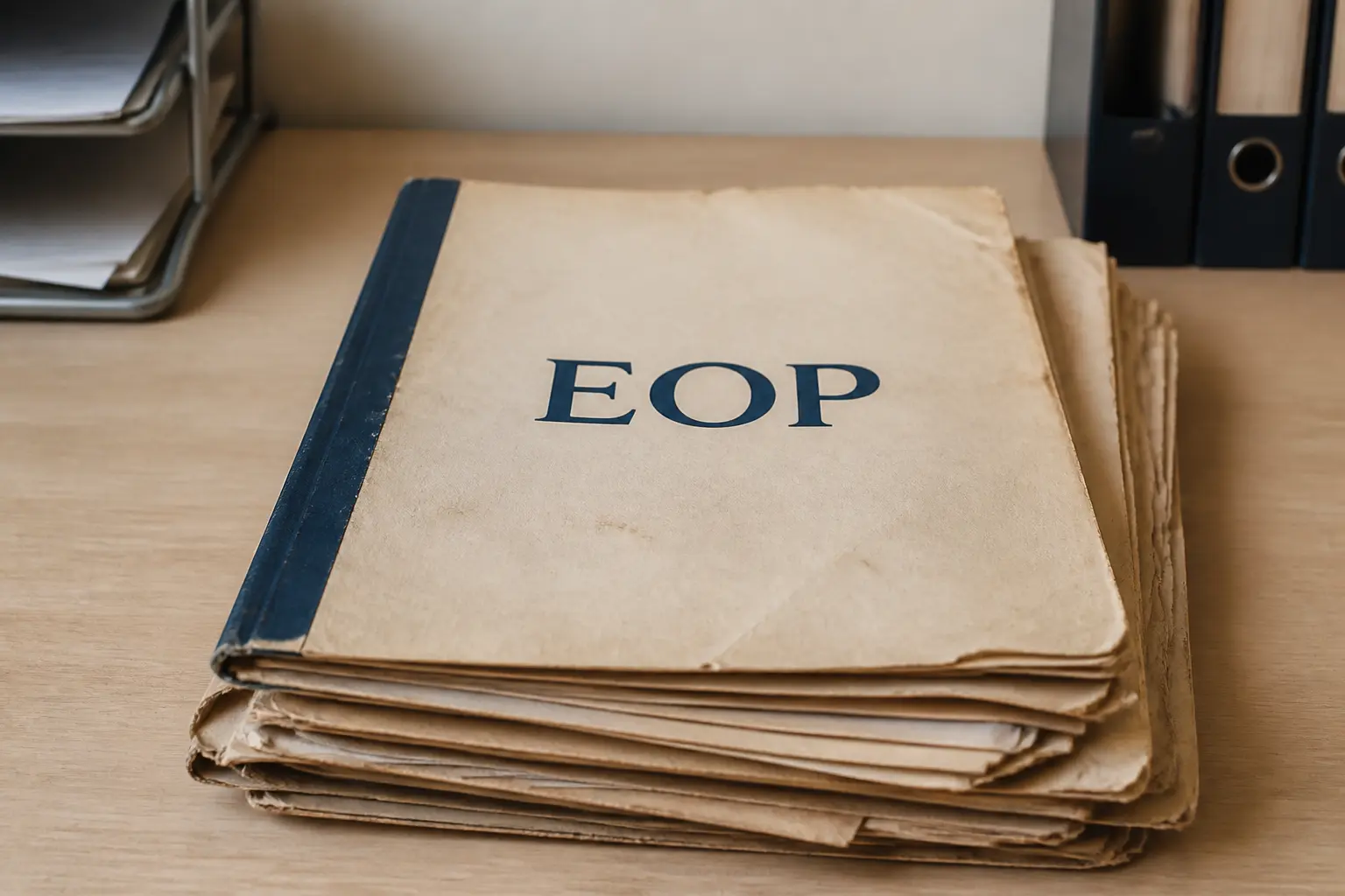 Dossier d’archives sur bureau en bois dans un bureau administratif, lié au comité interprofessionnel du logement
