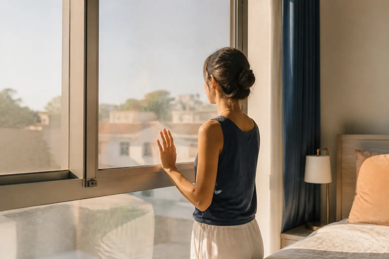 Fenêtre de chambre exposée au soleil avec film anti chaleur fenetres, lumière adoucie et intérieur lumineux