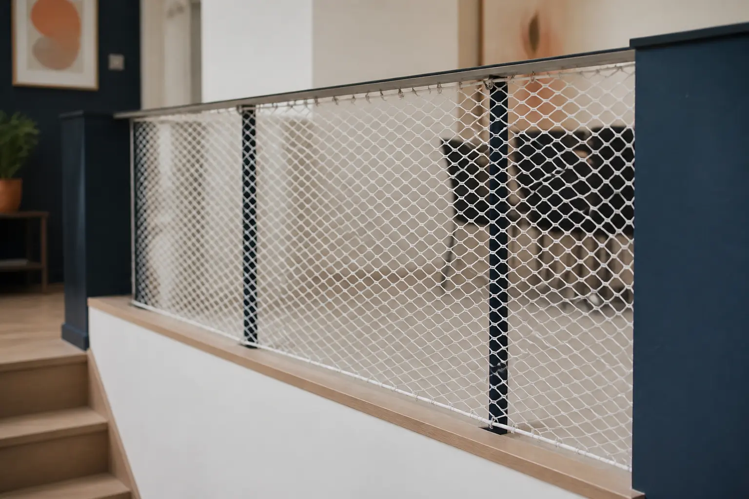 Garde corps filet blanc sur mezzanine d’une maison moderne, vue intérieure en lumière naturelle douce