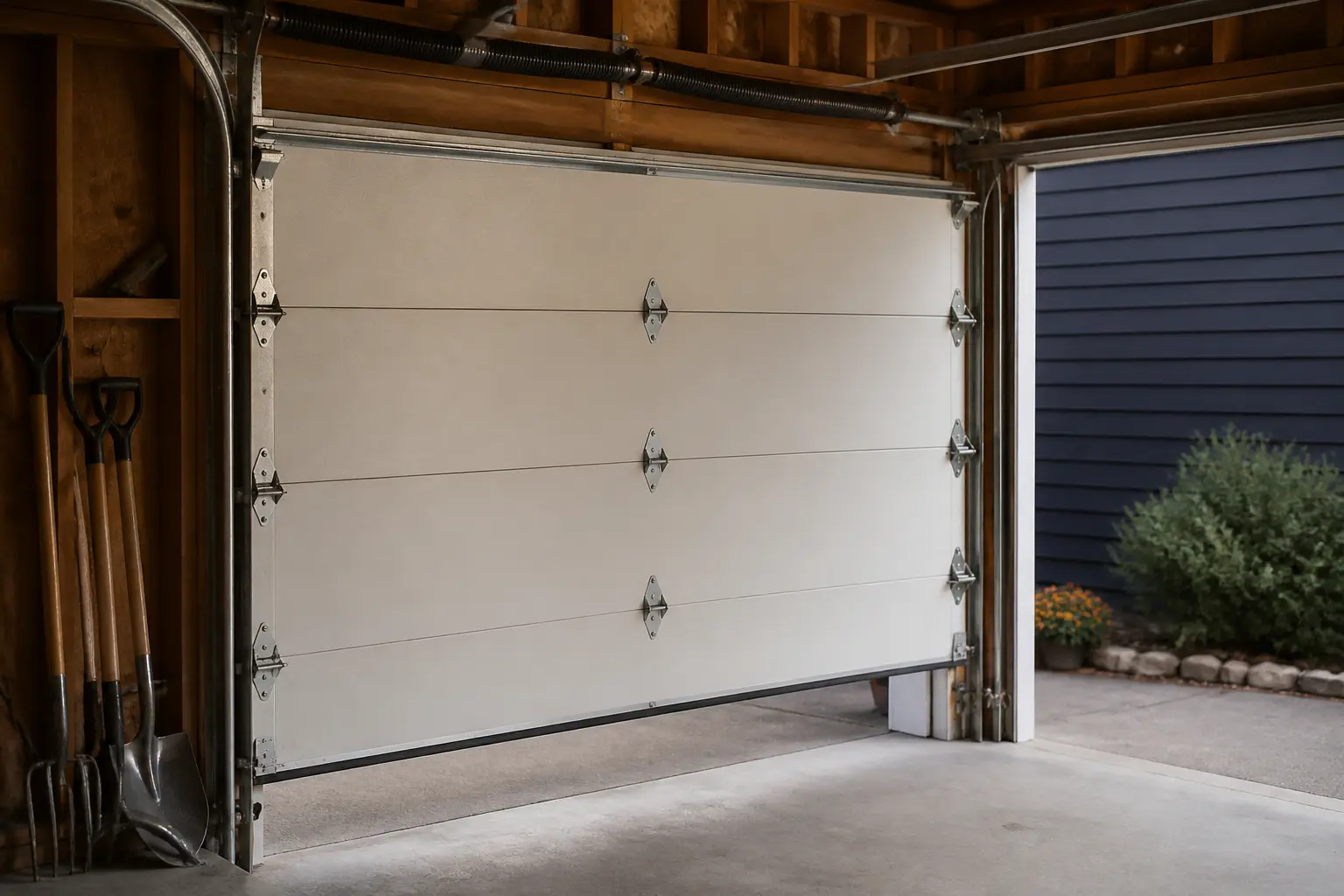 Panneau de porte de garage sectionnelle isolée, illustrant un isolant pour porte de garage dans un garage résidentiel non chauffé