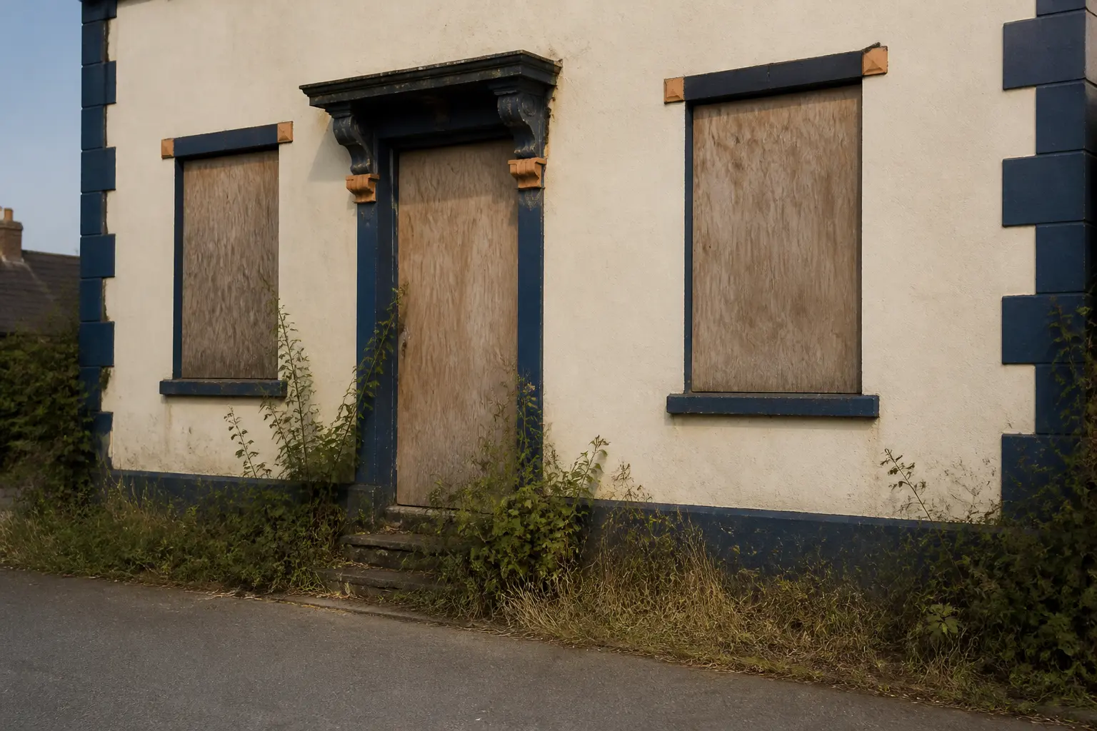 Façade d’une maison abandonnée à donner, entrée envahie par la végétation, rue rurale calme en lumière naturelle.