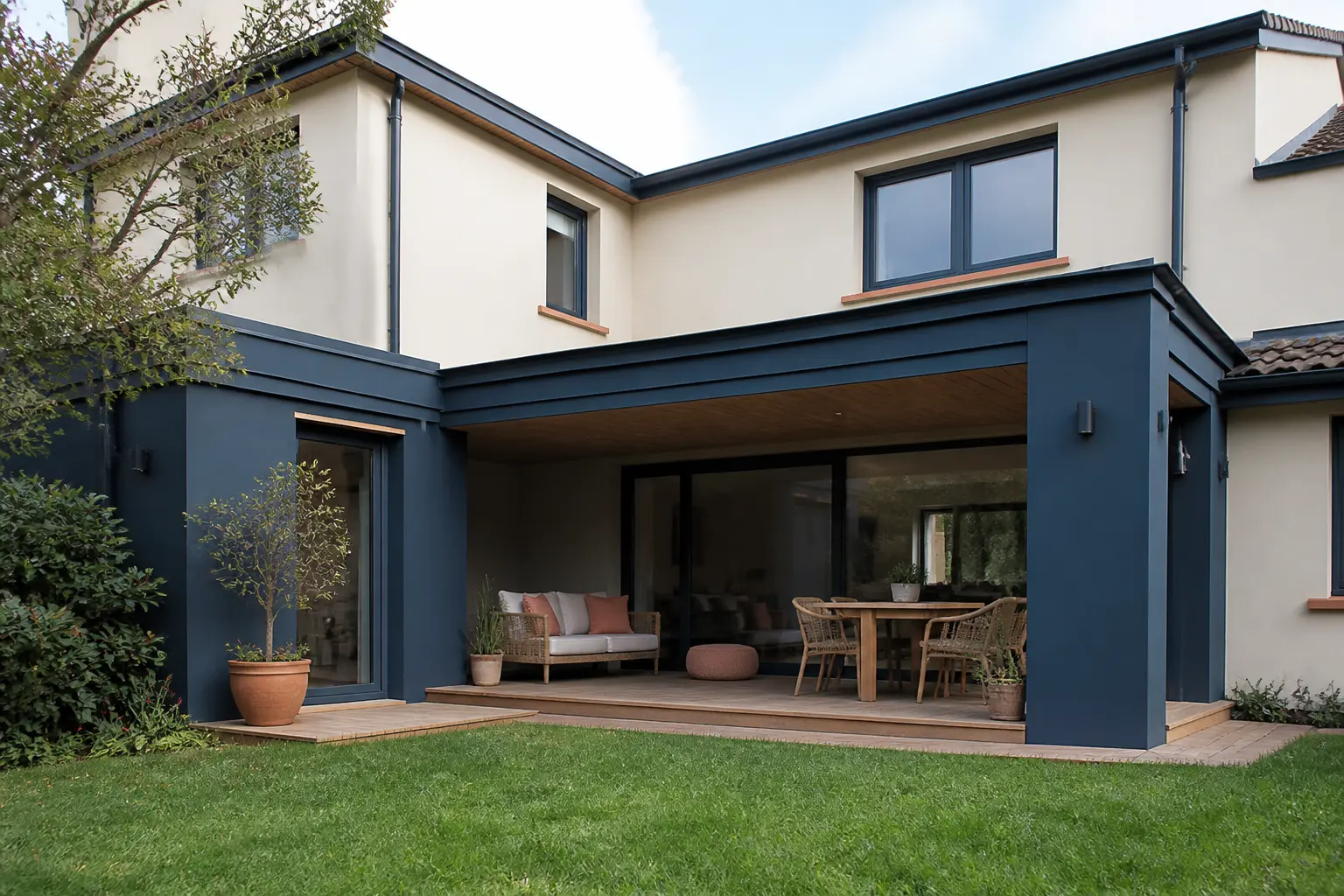 Maison en l moderne avec terrasse abritée, vue extérieure sur jardin, façades blanc cassé et bleu marine.
