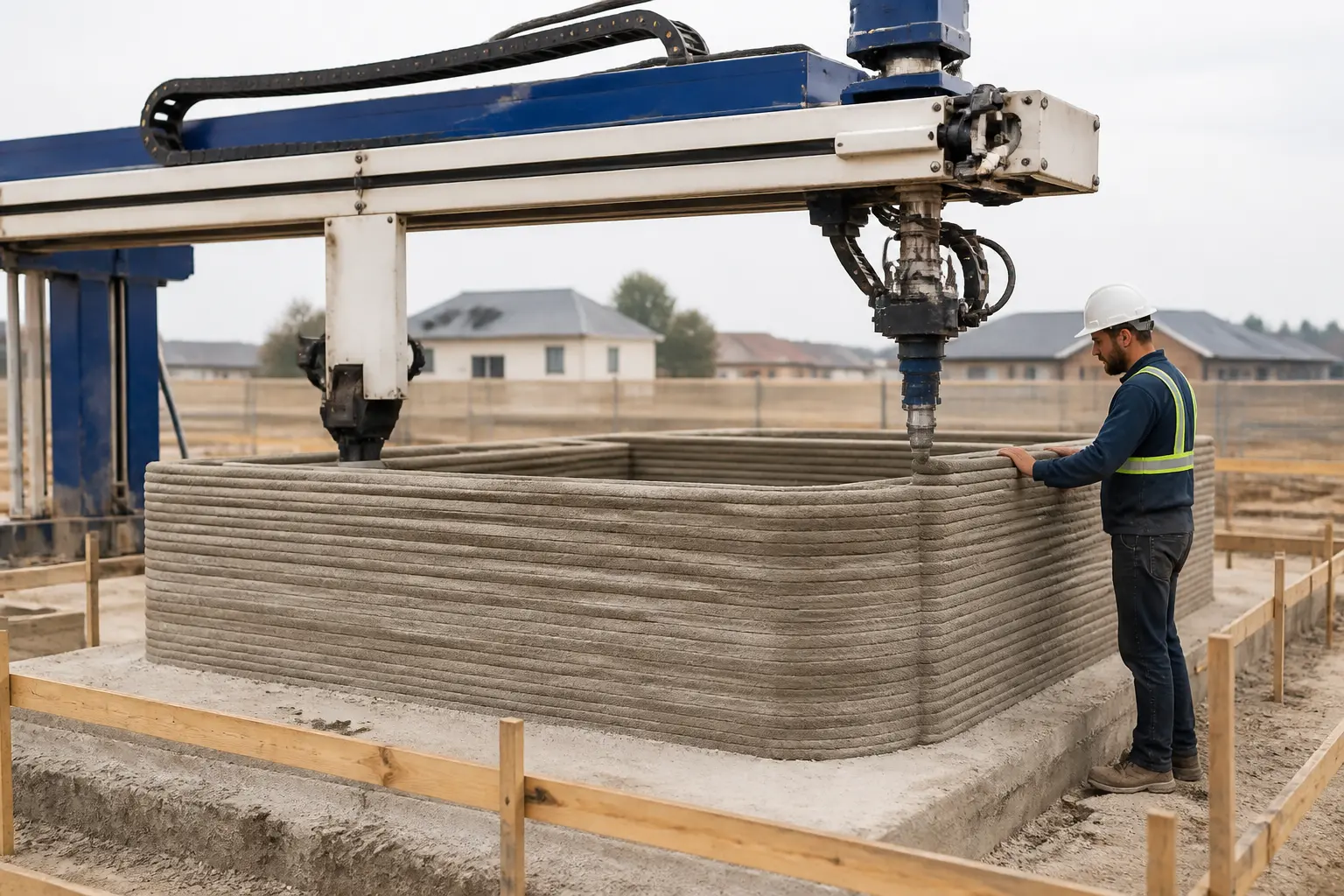 Maison imprimée en 3d en construction, mur en béton imprimé 3D sur chantier résidentiel, vue réaliste en lumière naturelle