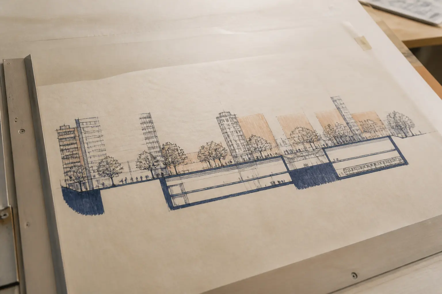 Plan de coupe architectural sur calque, posé sur une table à dessin dans un bureau d’urbanisme, vue rapprochée.