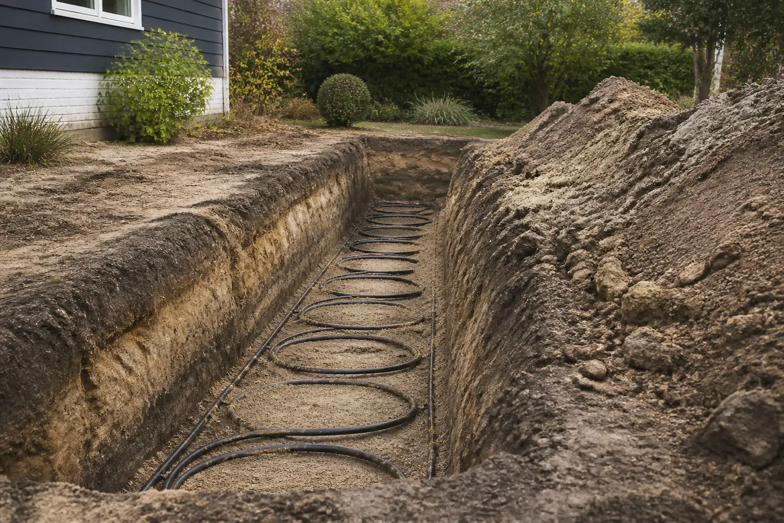 Tranchée de captage pour pompe à chaleur geothermique dans un jardin résidentiel, terre excavée en vue large.