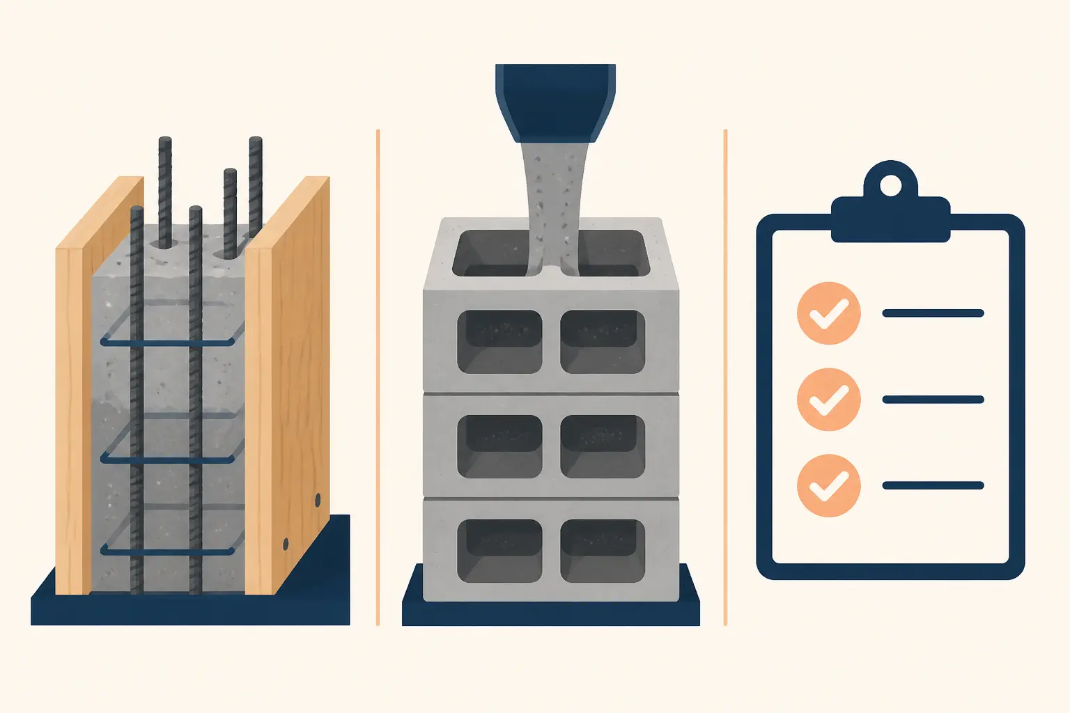Comparaison visuelle du béton à bancher, de blocs coffrants remplis et d’une checklist technique.