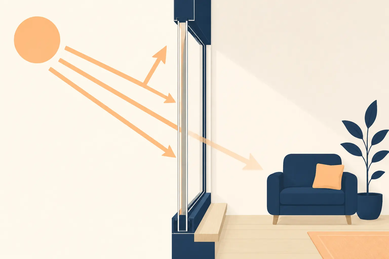 Film anti chaleur fenetres sur une fenêtre d’appartement : les rayons sont filtrés et la pièce chauffe moins vite.