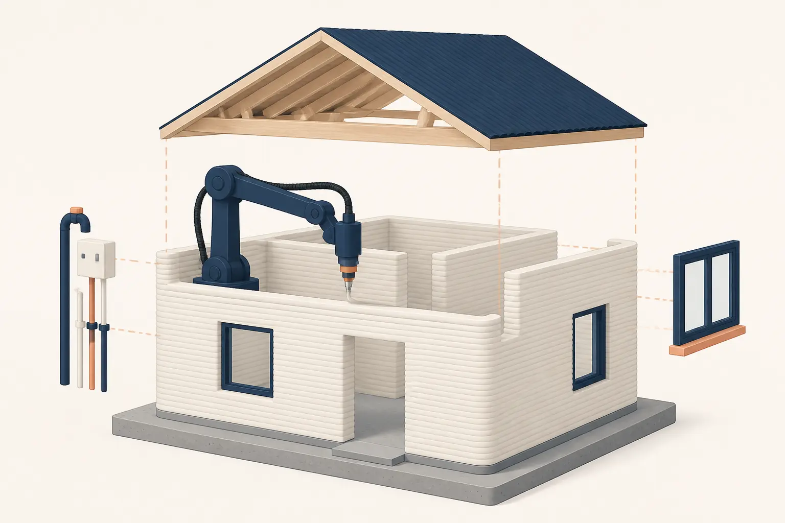 Maison imprimée en 3D : coupe minimaliste montrant murs imprimés, bras robotisé, toiture et réseaux séparés.