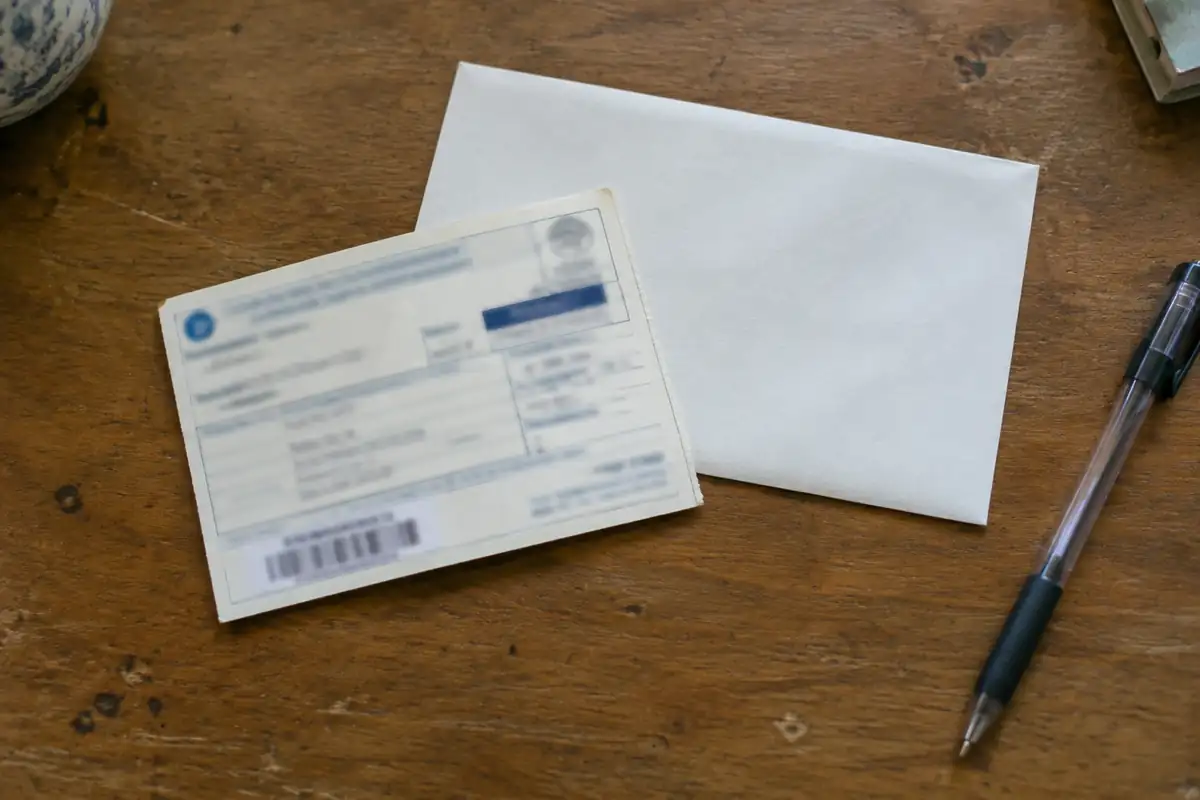 Accusé de réception d'une lettre recommandée posé sur une enveloppe, sur une table en bois