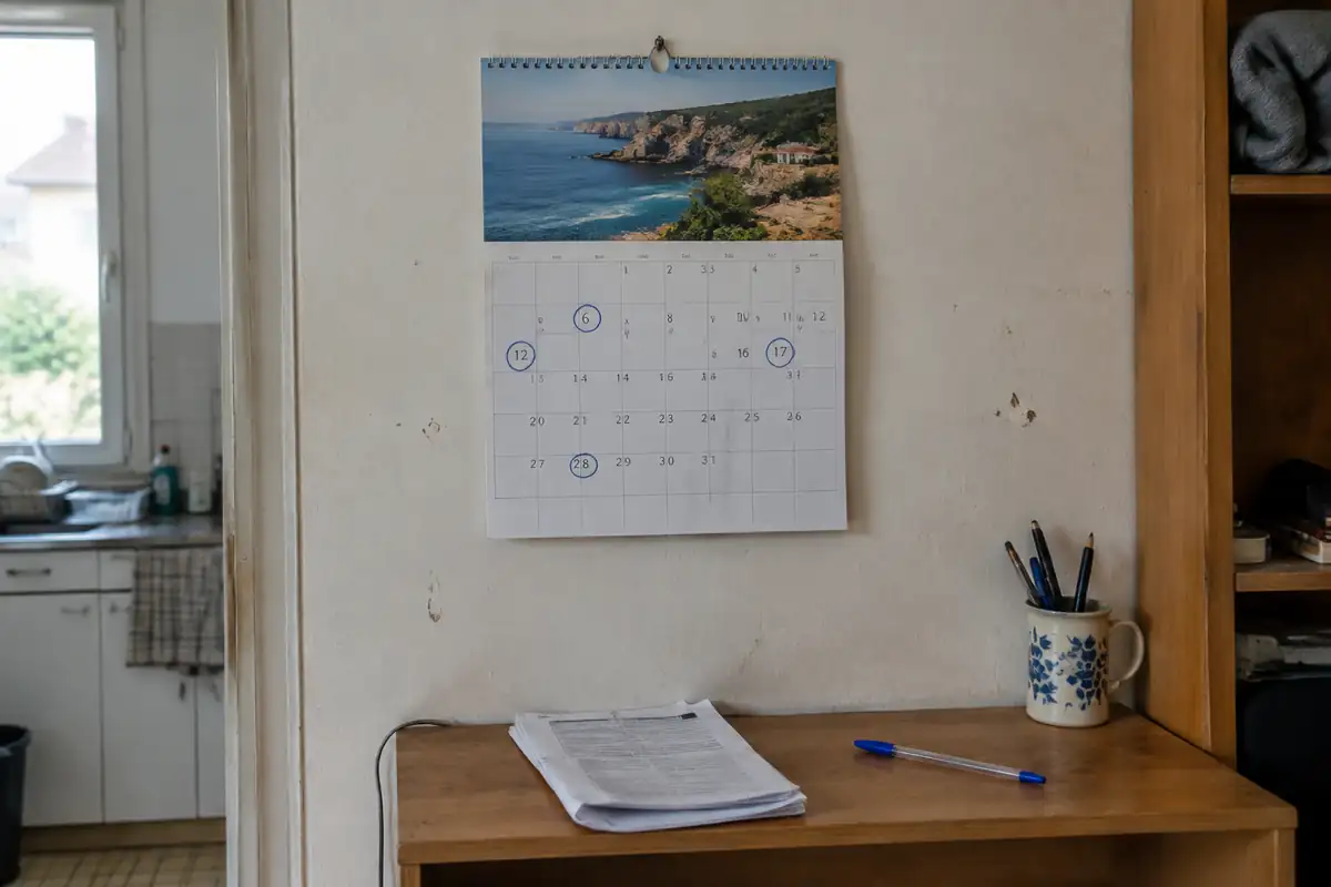 Calendrier mural avec plusieurs dates entourées au stylo, posé au-dessus d'un dossier de bail