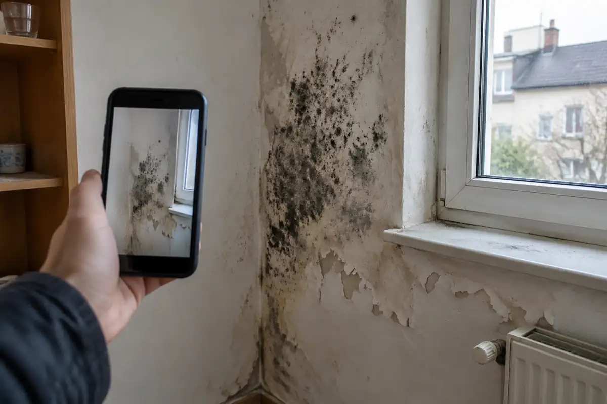 Une main photographie avec un téléphone une large tache d'humidité et de moisissure sur un mur près d'une fenêtre