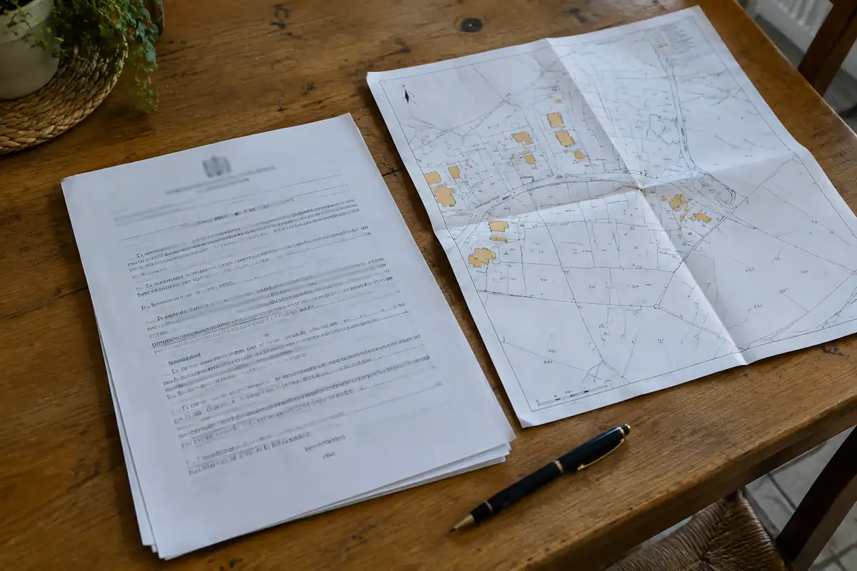 Acte de vente notarié et plan cadastral posés sur une table