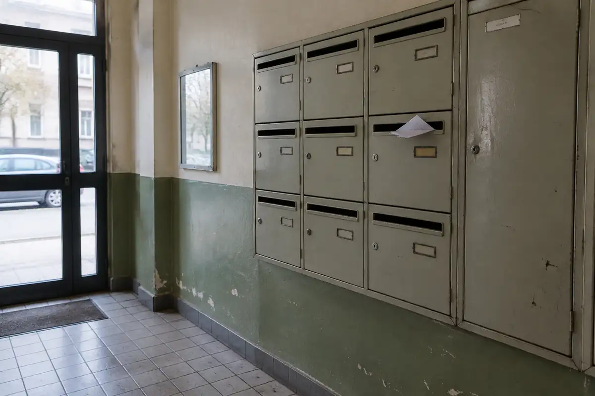 Boîtes aux lettres usées dans un hall d'immeuble, un avis de passage dépassant d'une fente