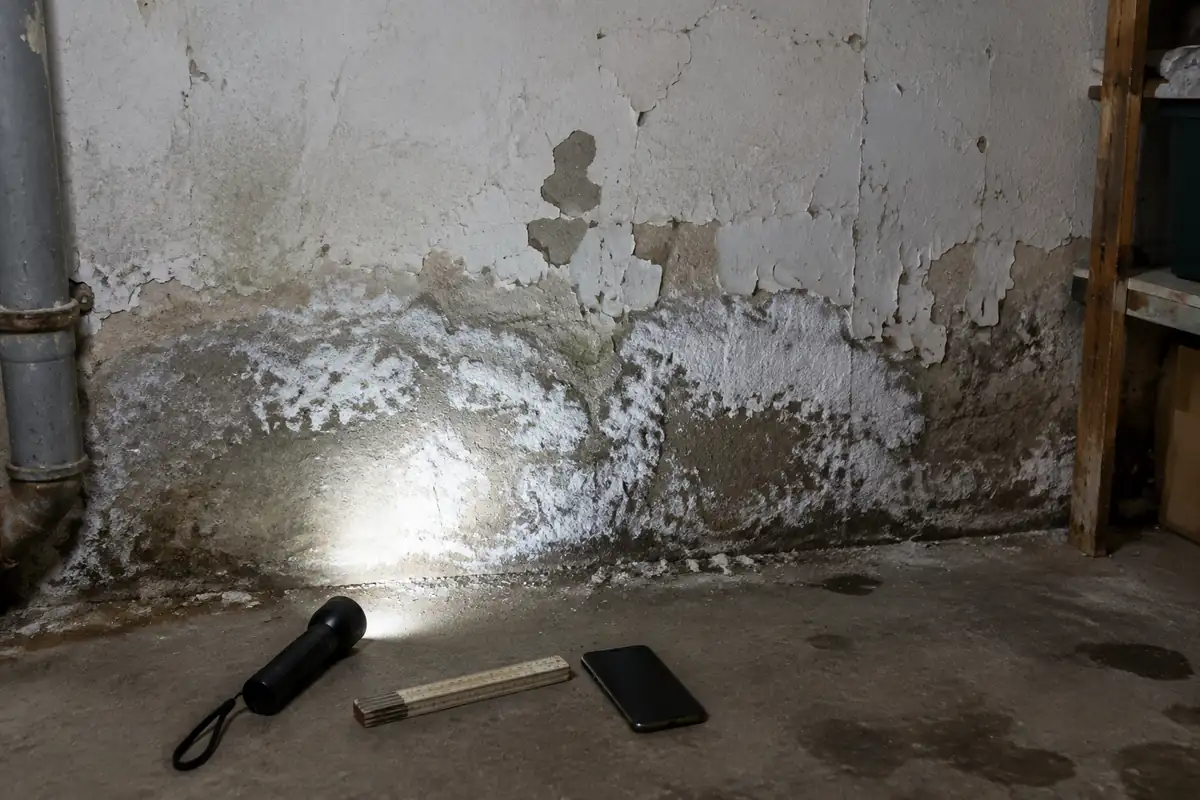 Mur de cave humide avec dépôts de salpêtre, une lampe torche, un mètre pliant et un téléphone posés au sol