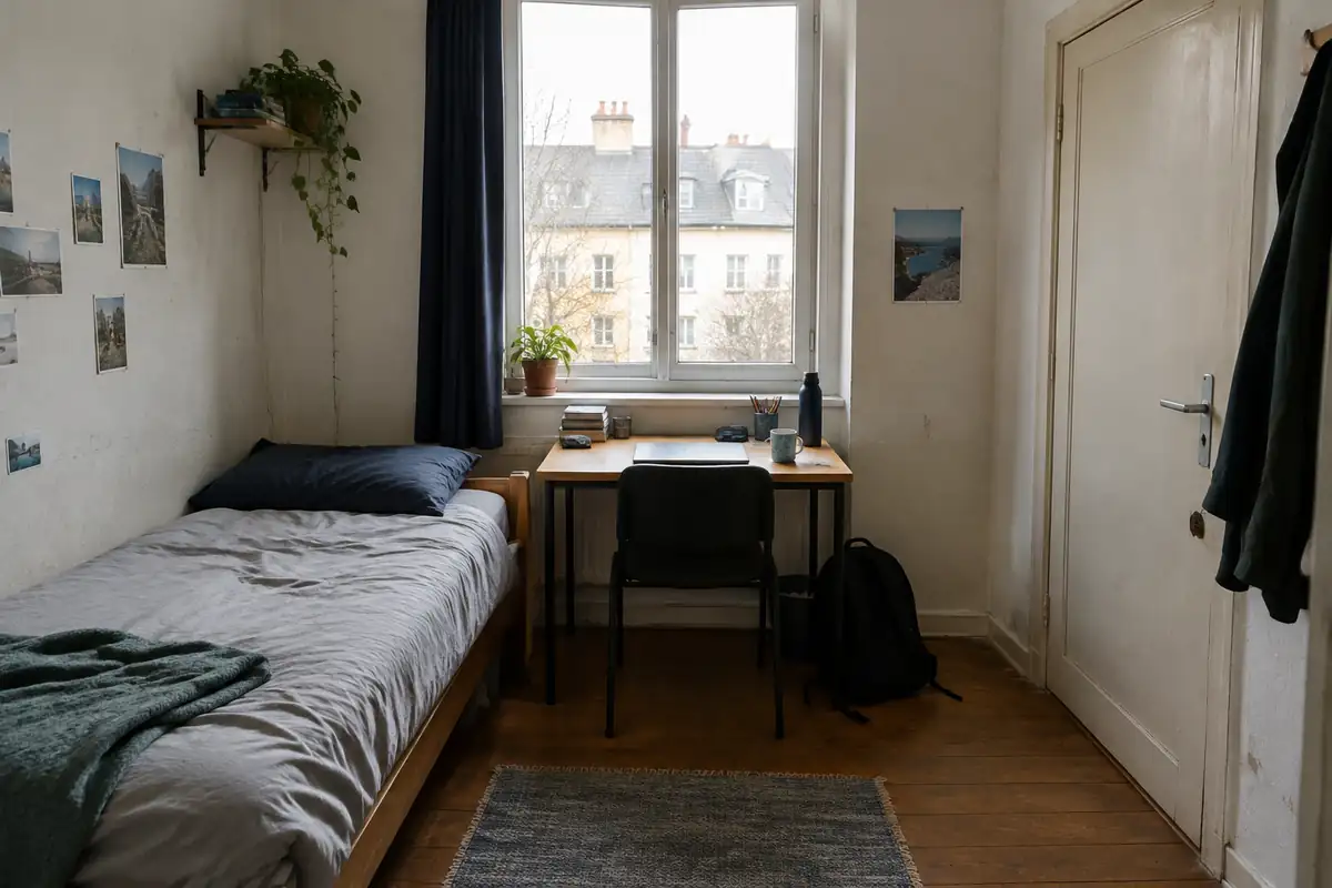 Petite chambre de colocation avec lit simple et bureau sous la fenêtre