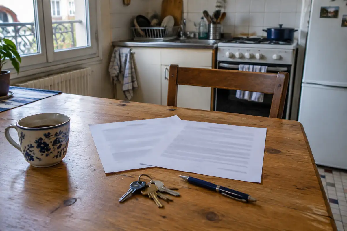 Clés et contrat posés sur une table de cuisine