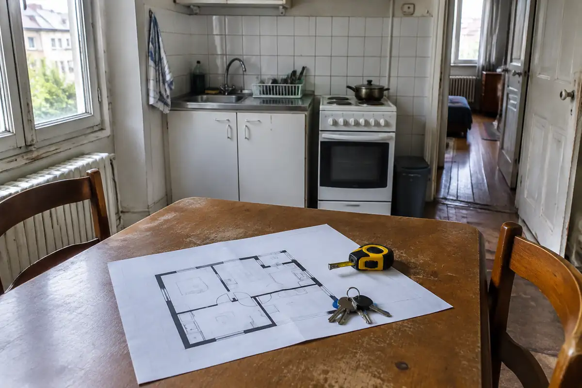 Plan d'appartement imprimé, mètre ruban et clés sur une table
