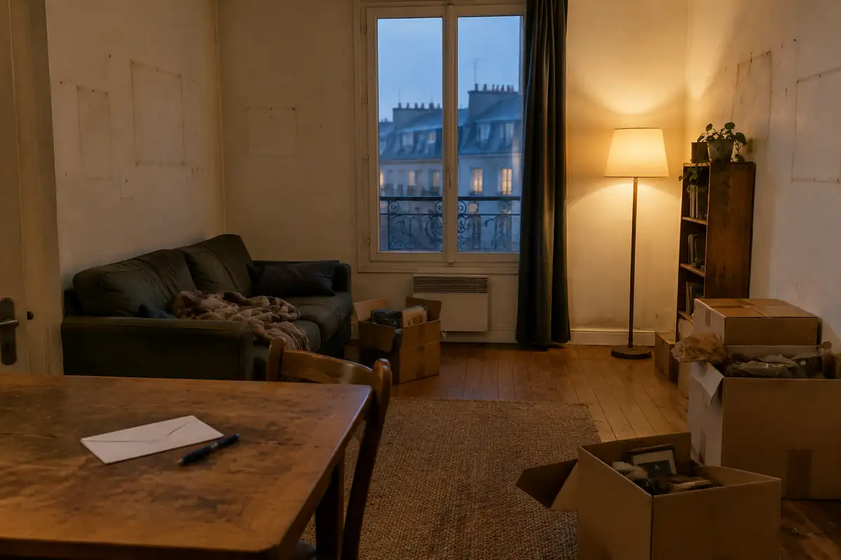 Salon de location à moitié emballé, cartons au sol, enveloppe et stylo sur la table