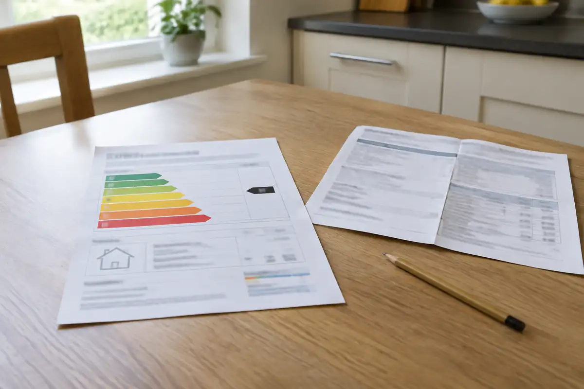 Feuille d'étiquette énergétique posée sur une table à côté d'un devis plié