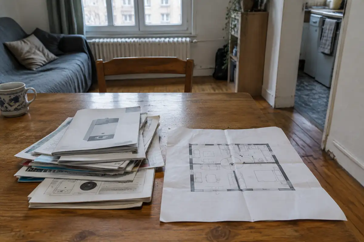 Pile de notices d'appareils et plan de maison sur une table