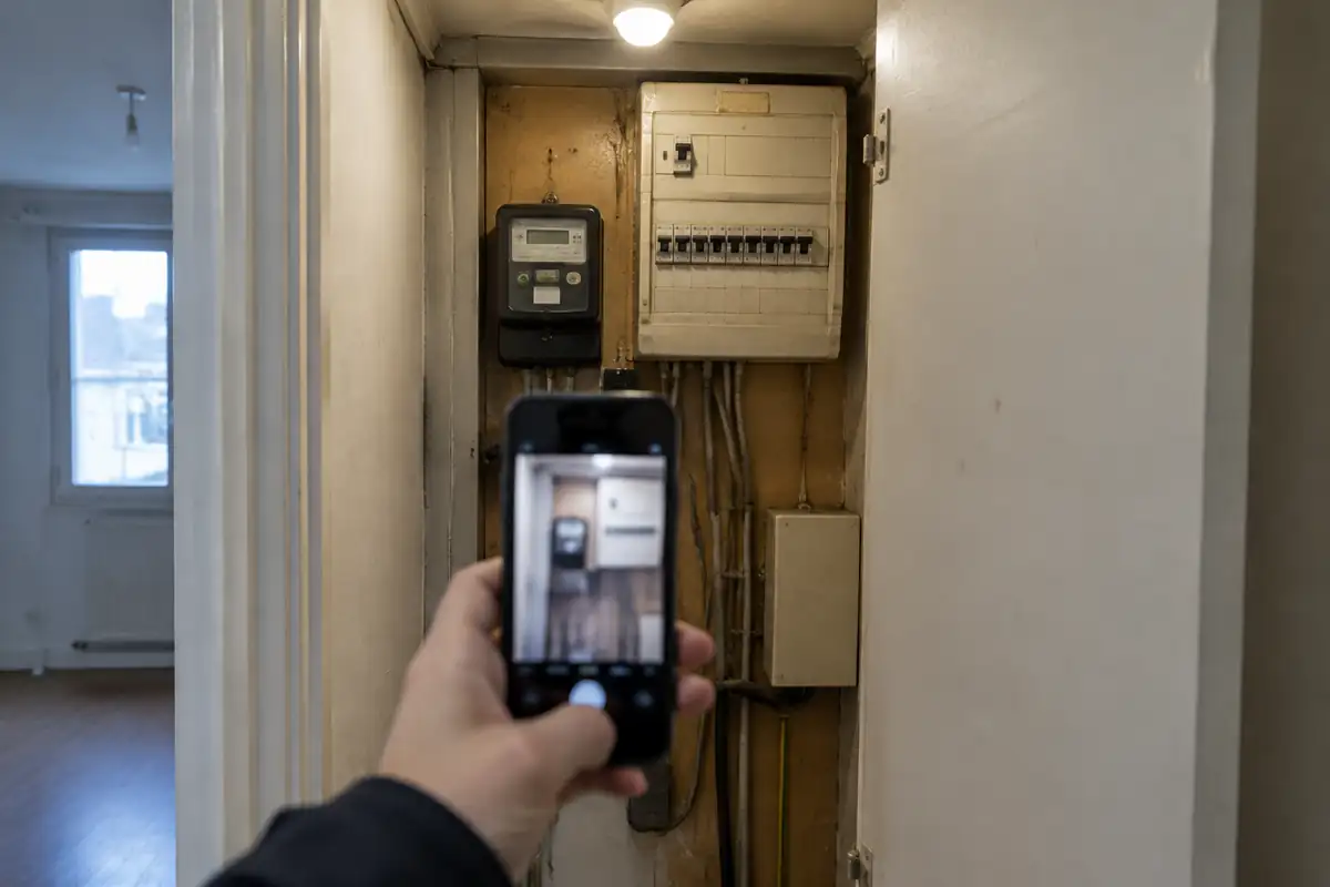Relevé au téléphone d'un compteur électrique dans le placard d'entrée d'un appartement vide