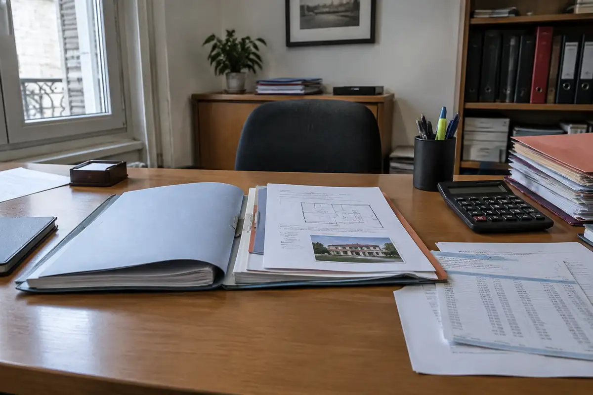 Dossier de vente et relevé sur le bureau d'une étude notariale