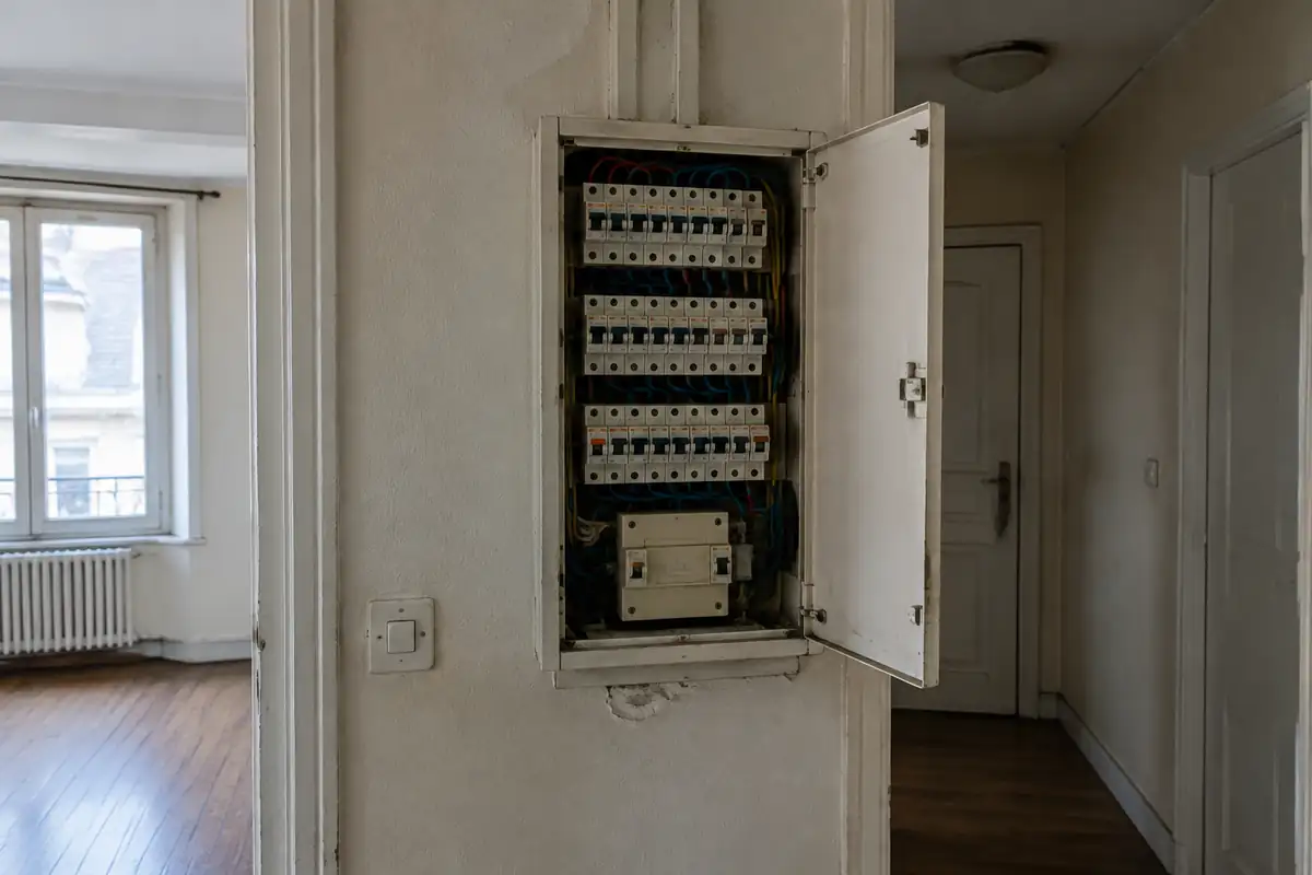 Tableau électrique ouvert dans un couloir d'appartement
